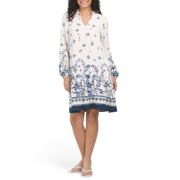 RACHEL ZOE Ivory/navy Border Print Mini Day Dress